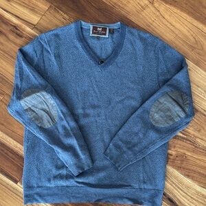 Hickey Freeman Blue V-Neck Sweater with Gray Elbow Patches